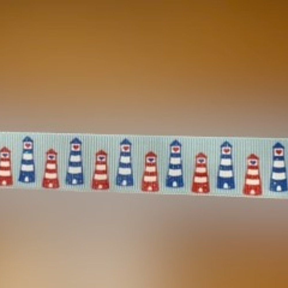 Blue Grosgrain Ribbon with Blue and Red Lighthouses  ****ALL RIBBONS BUY 2 GET 1
